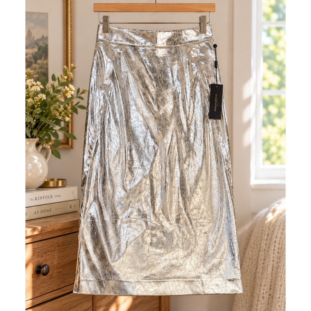 Donna Karan New York Metallic Silver Midi Pencil Skirt D7KN6210 Womens 6 NWT